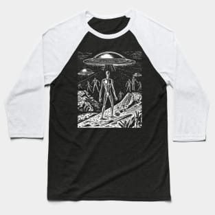 Black and White Alien UFO Invasion Art - Monochromatic Extraterrestrial Design Baseball T-Shirt